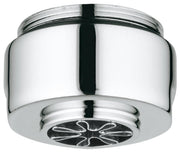 Chrome flow straightener with black internal insert and petal-pattern aerator on bottom surface.
