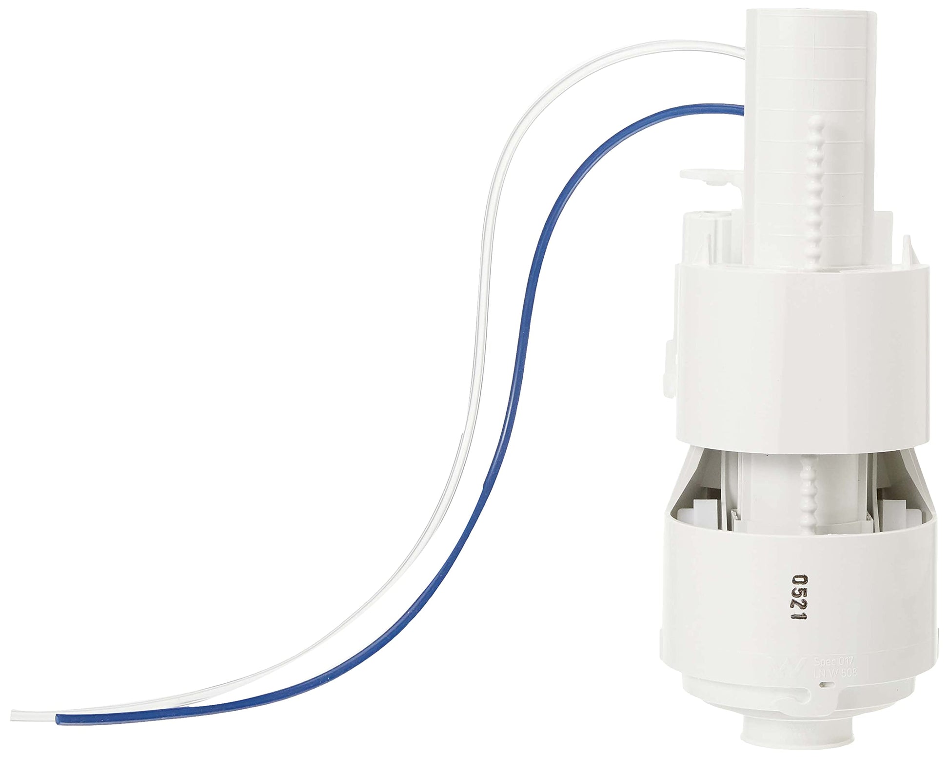Grohe pneumatic outlet valve with white plastic body, blue and clear tubing connectors, and chrome internal components.