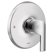 Chrome single-handle shower valve trim with circular escutcheon plate and lever handle.