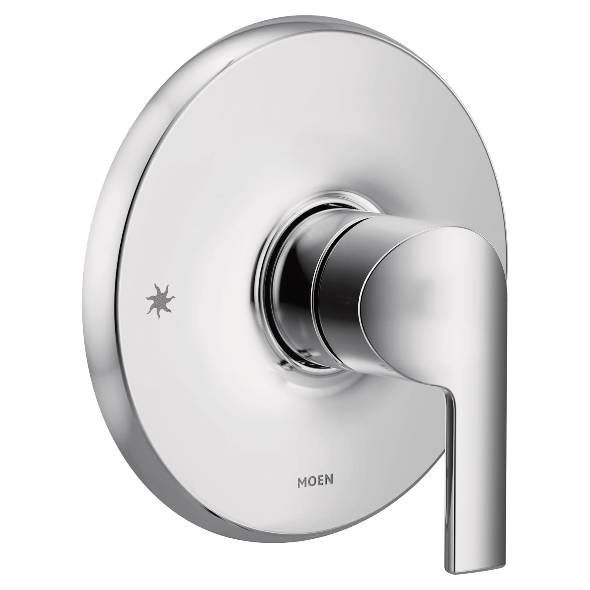 Chrome single-handle shower valve trim with circular escutcheon plate and lever handle.