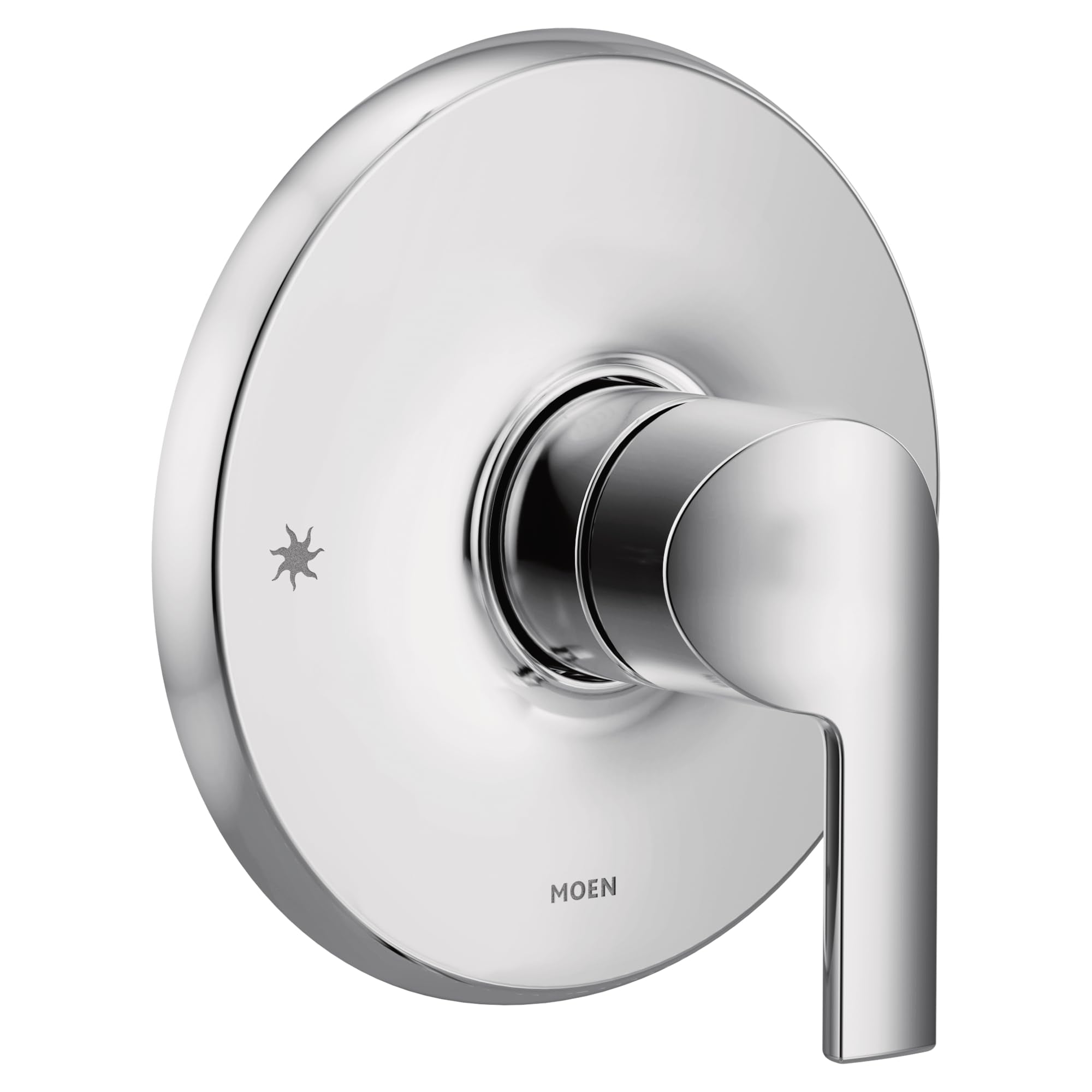 Chrome single-handle shower valve trim with circular escutcheon plate and lever handle.