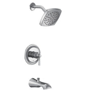 Chrome tub and shower trim kit with single-handle valve, showerhead, and tub spout.