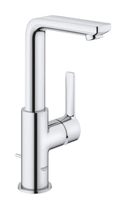 Chrome single-hole bathroom faucet with tall cylindrical body, angled spout, and single lever handle.
