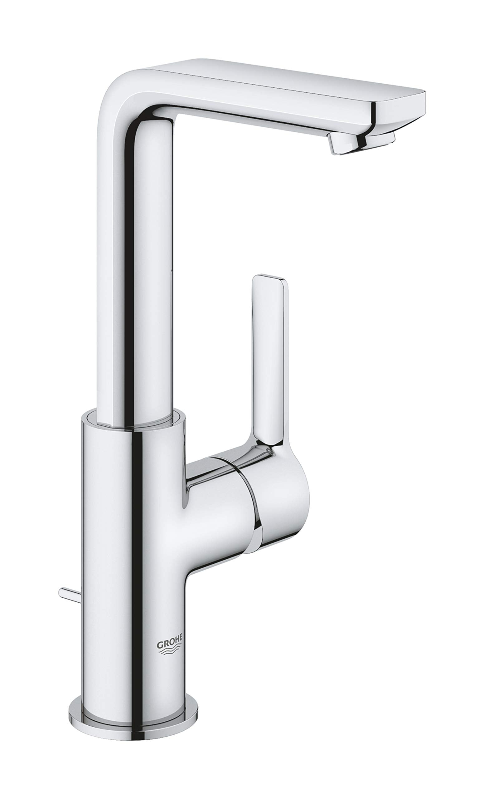 Chrome single-hole bathroom faucet with tall cylindrical body, angled spout, and single lever handle.