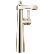 Polished nickel single-handle vessel sink faucet with tall spout and curved lever handle.