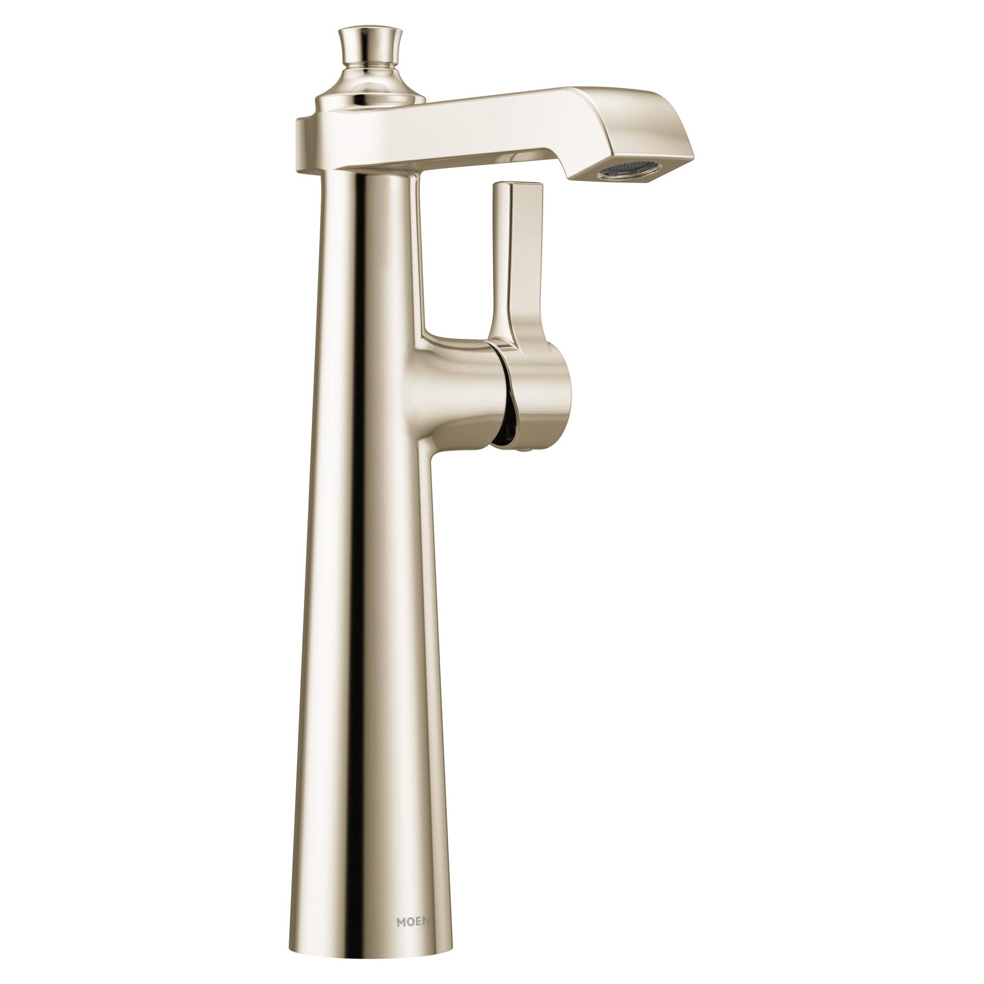 Polished nickel single-handle vessel sink faucet with tall spout and curved lever handle.