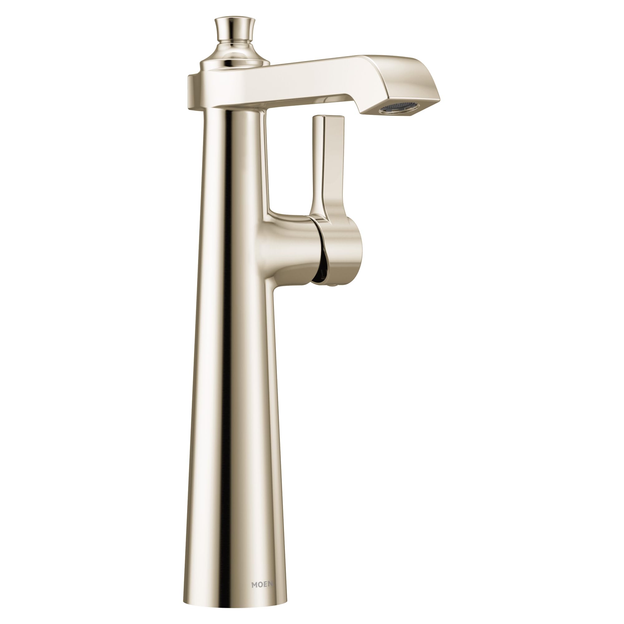 Polished nickel single-handle vessel sink faucet with tall spout and curved lever handle.