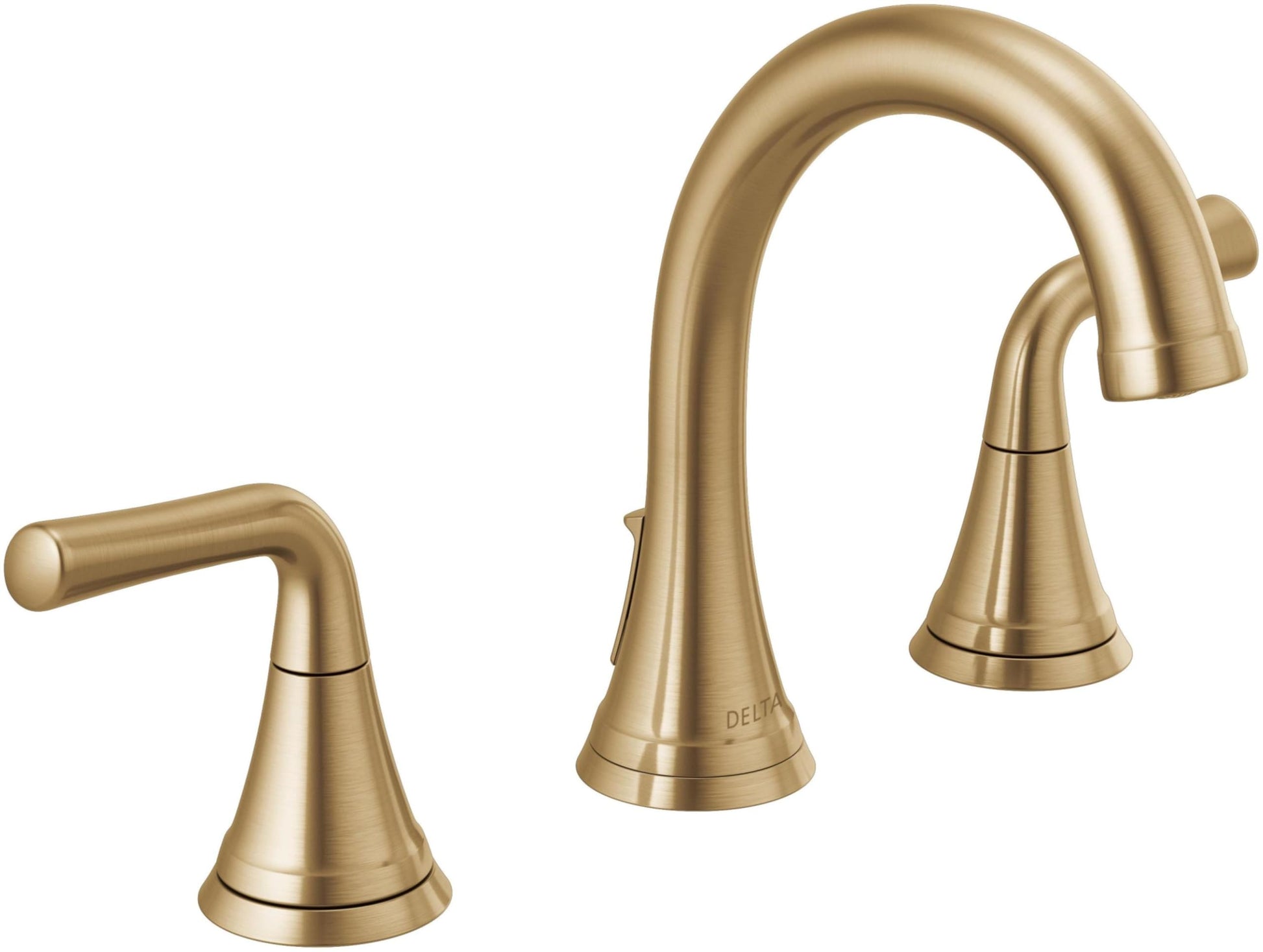 Champagne bronze widespread bathroom faucet with two lever handles and curved spout in brushed finish.