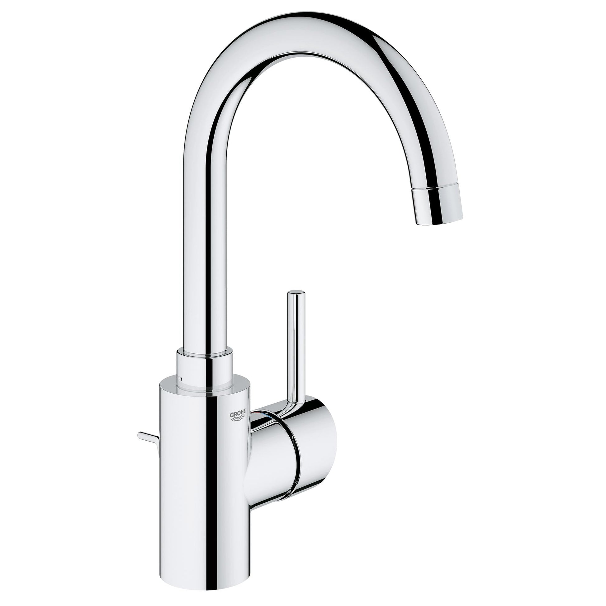 Chrome bathroom faucet with curved spout and single side-mounted handle for single-hole sink installation.