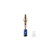 Brass and blue diverter cartridge with clear cylindrical body and white plastic cap.