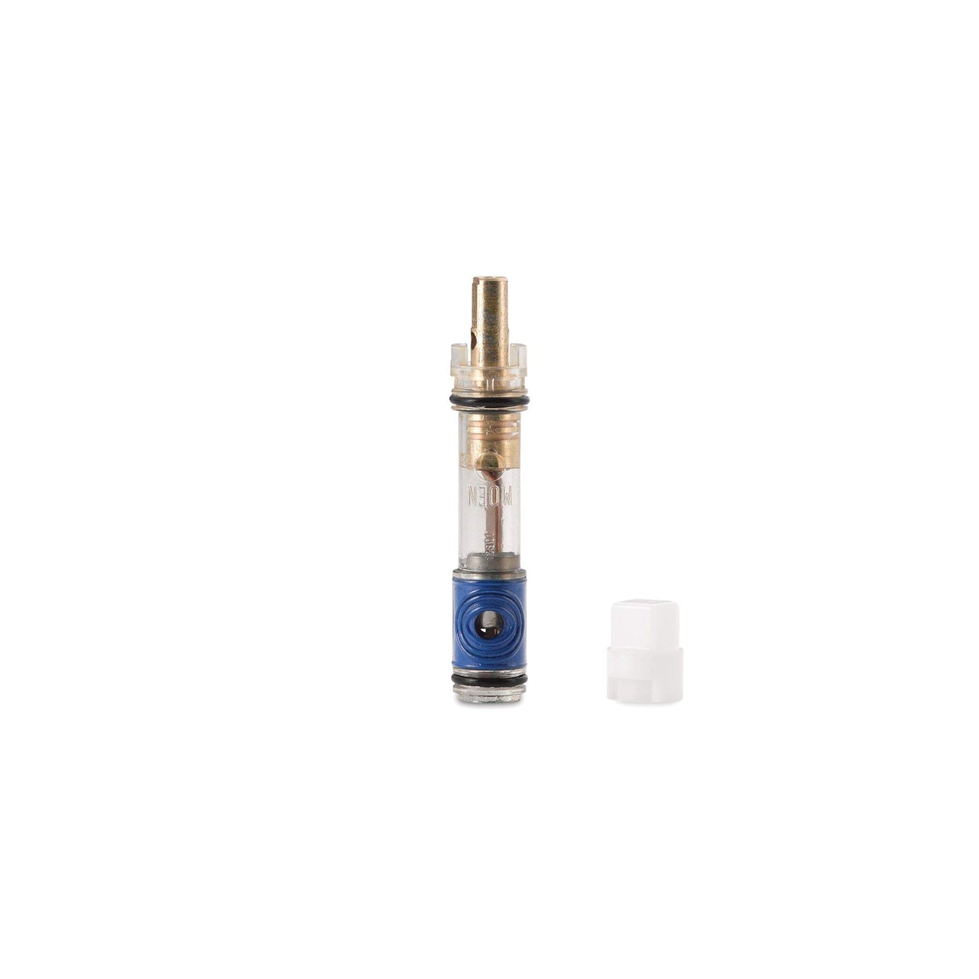 Brass and blue diverter cartridge with clear cylindrical body and white plastic cap.
