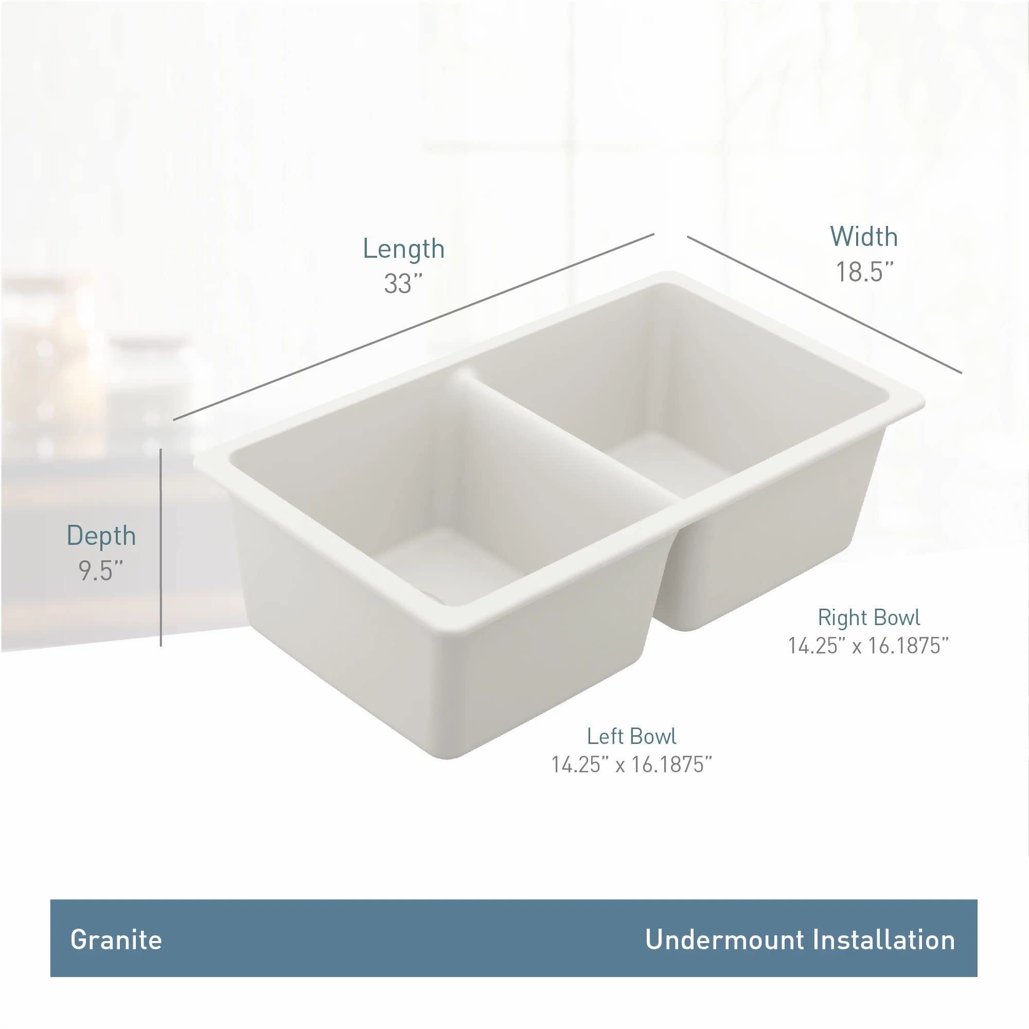 Moen Host White Granite 33 Inch Wide x 9.5 Inch Deep Undermount Double Bowl Kitchen Sink in White - GGW4012B