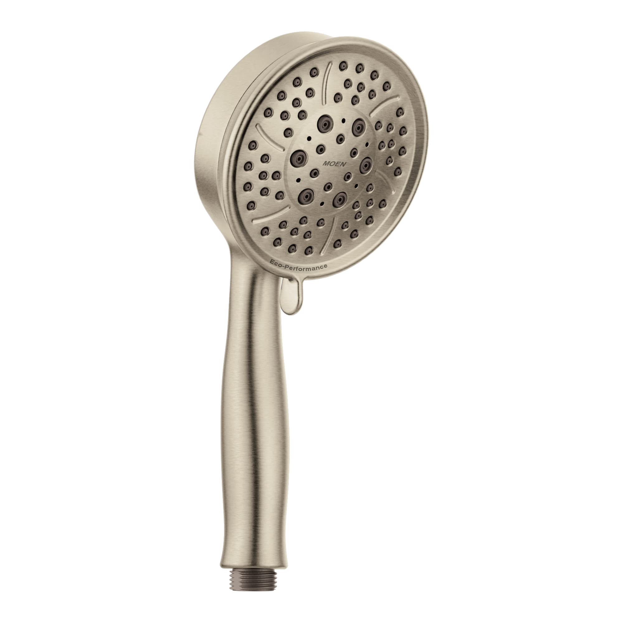 Brushed nickel hand shower with round head featuring multiple spray holes and elongated handle with threaded connector.