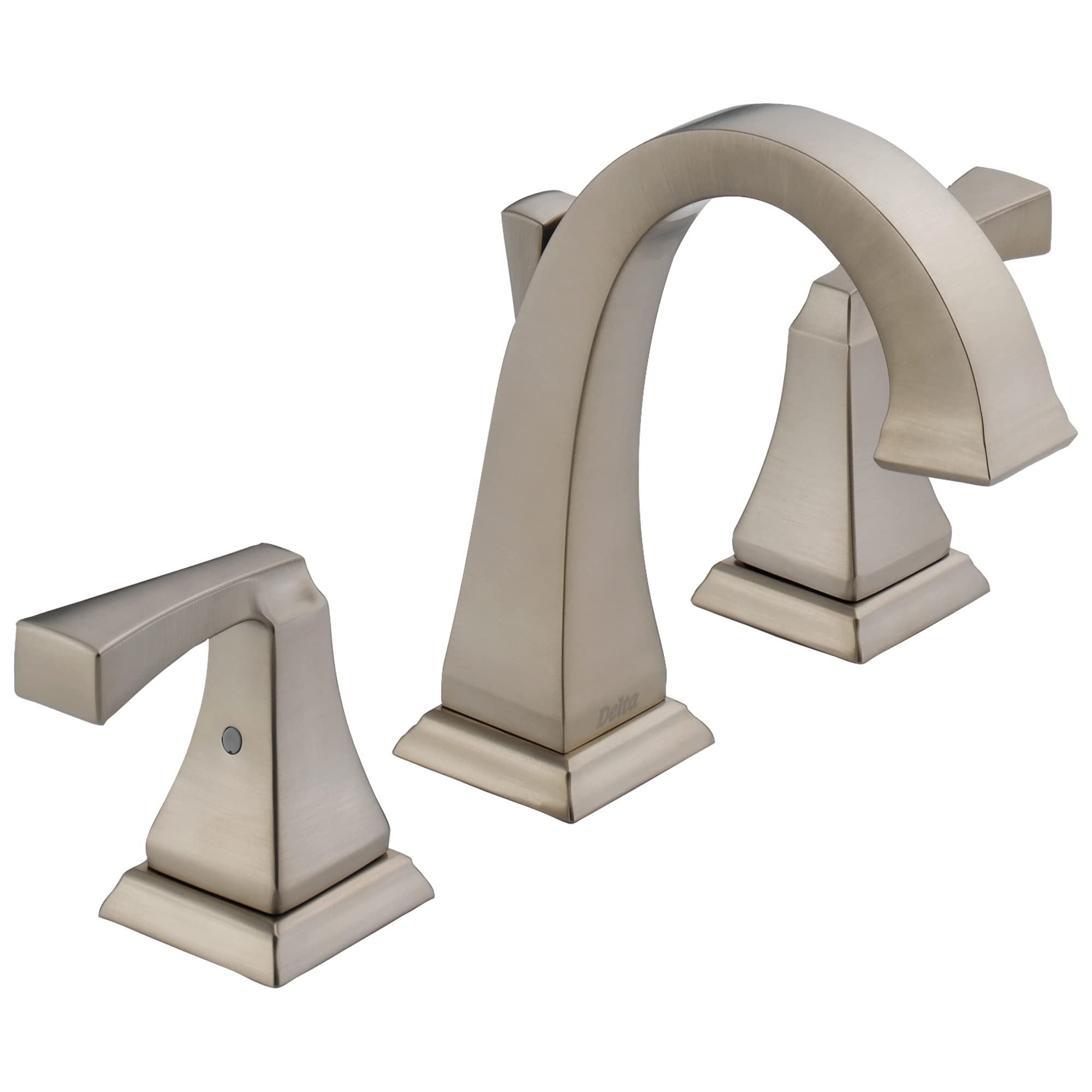 Brushed nickel two-handle widespread bathroom faucet with curved spout and square base.