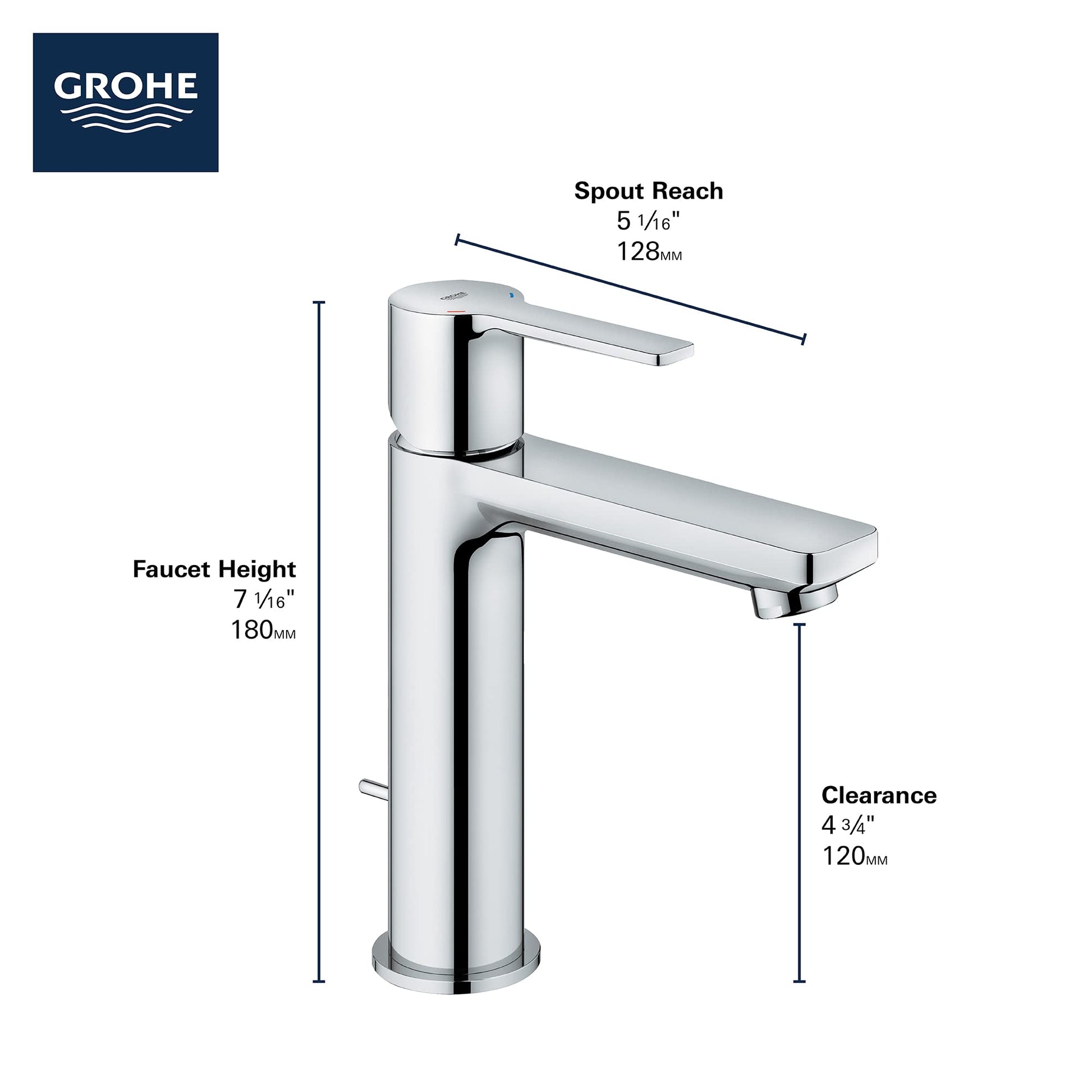 Grohe Lineare single-handle deck mount faucet in polished chrome with curved spout and dimensional specifications labeled.