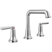 Chrome widespread bathroom faucet with two lever handles, tall curved spout, and metal pop-up drain assembly.