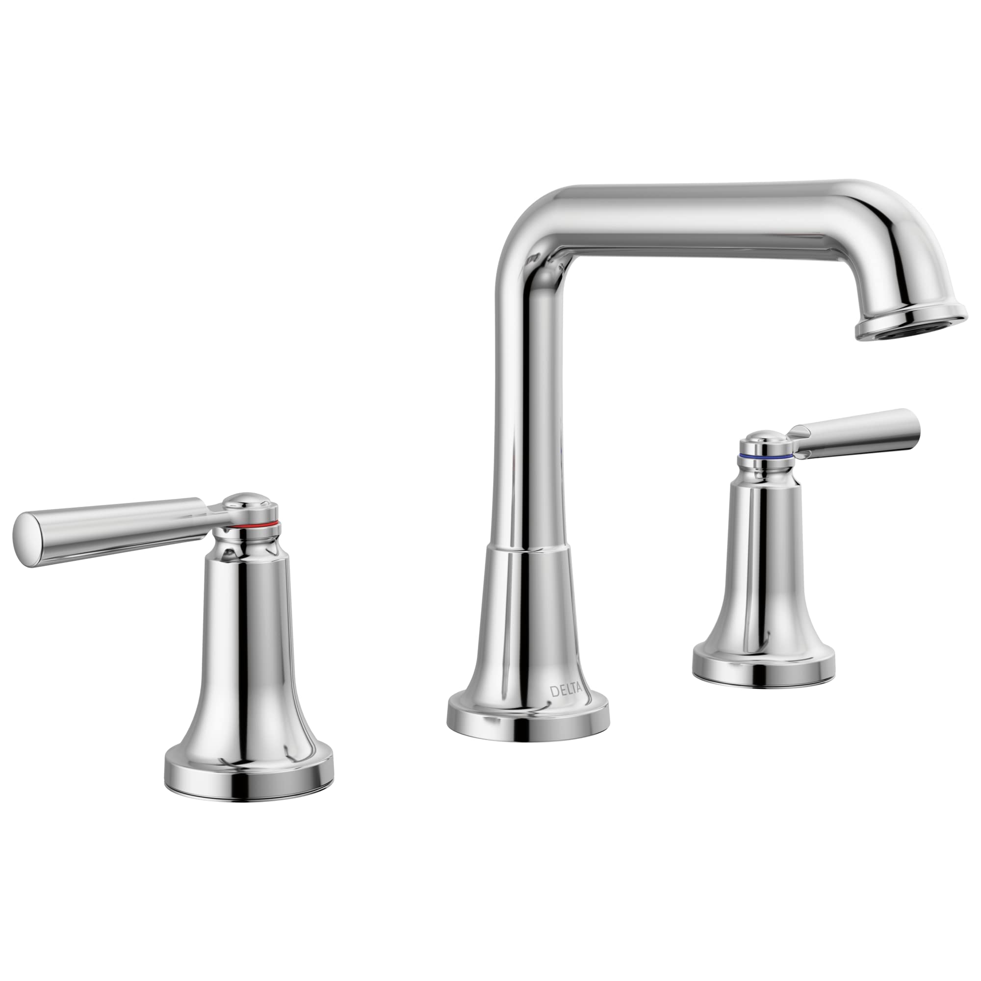 Chrome widespread bathroom faucet with two lever handles, tall curved spout, and metal pop-up drain assembly.