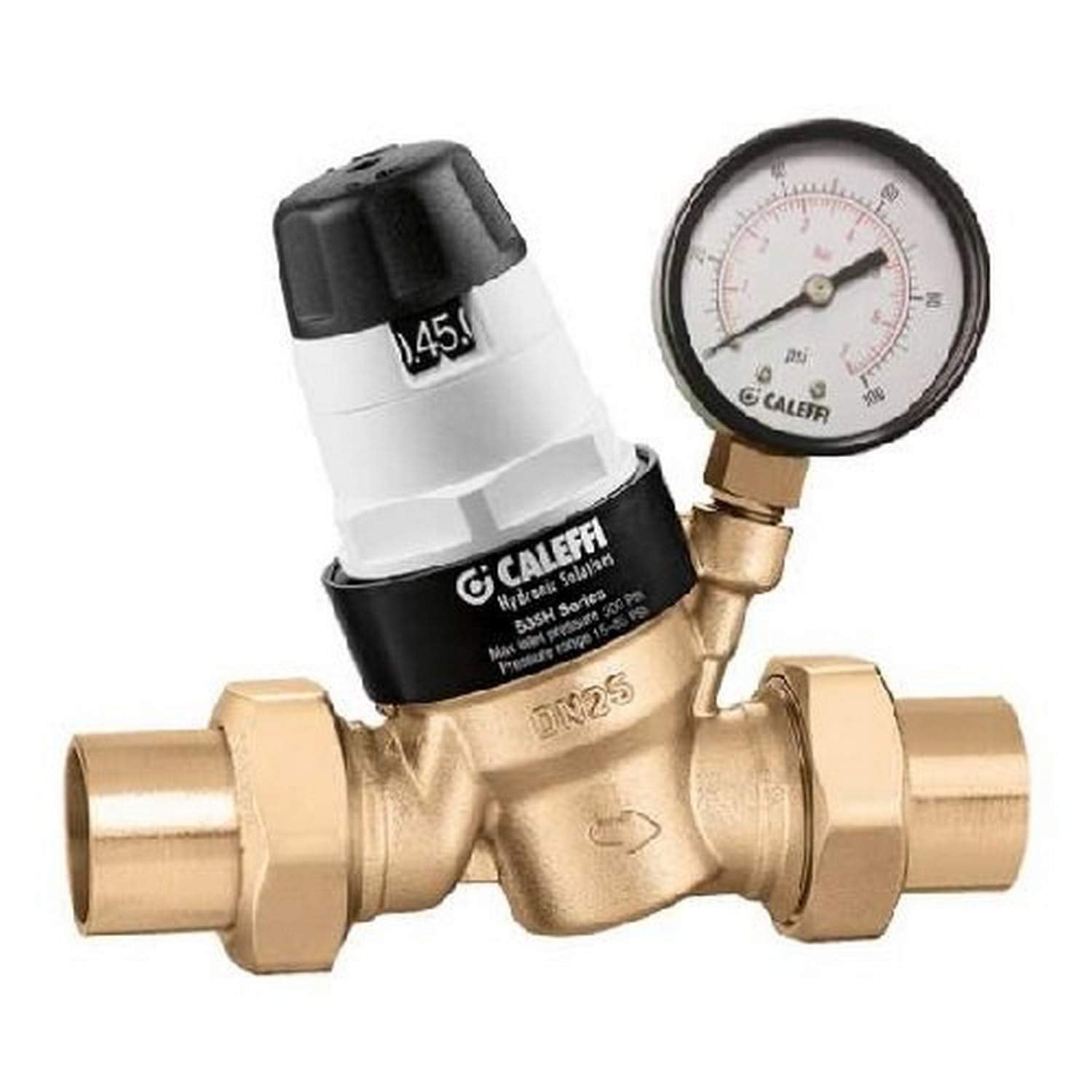 Caleffi brass pressure relief valve with attached pressure gauge and black adjustment knob on top.