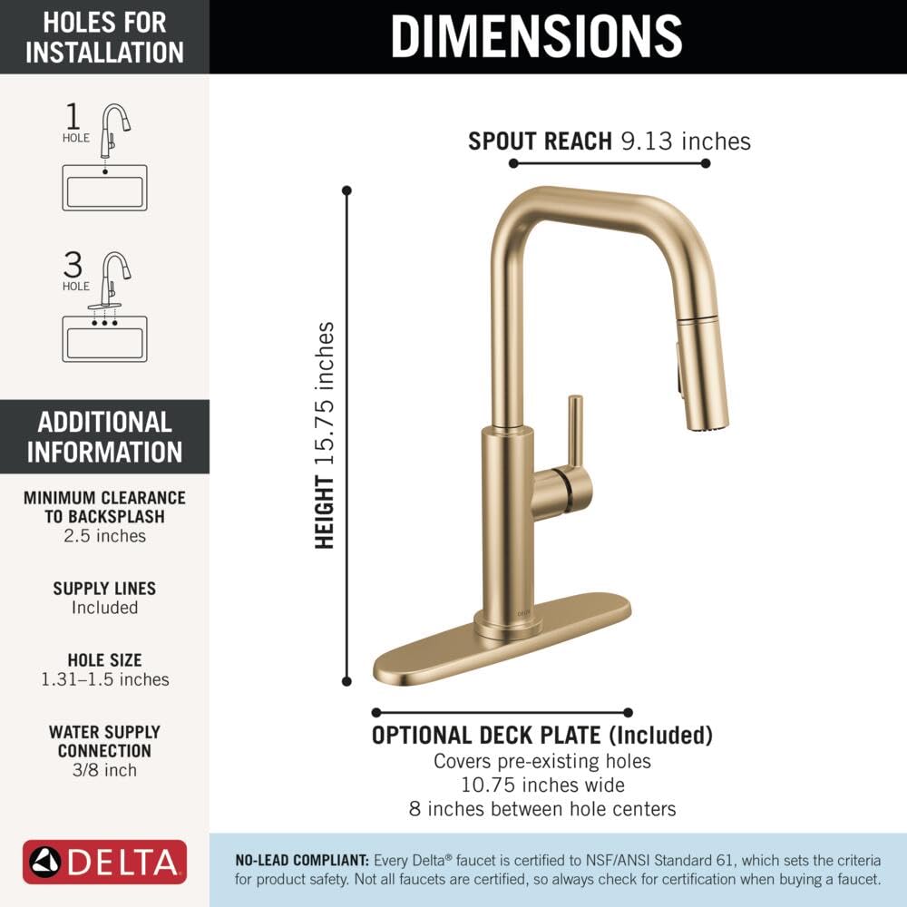 Champagne bronze single handle pull-down kitchen faucet with 15.75-inch height and 9.13-inch spout reach.