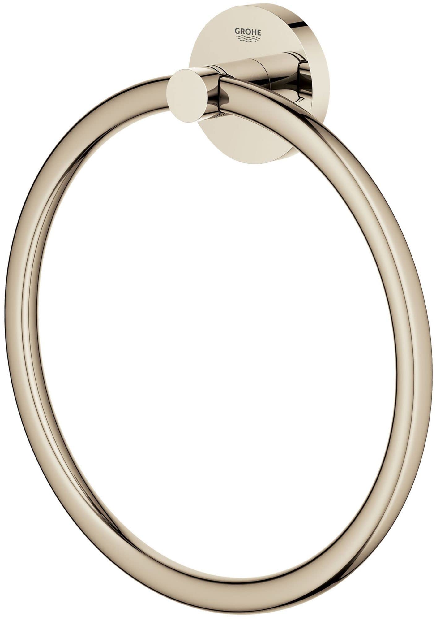 Grohe Essentials polished nickel towel ring with circular wall mount and oval loop design.
