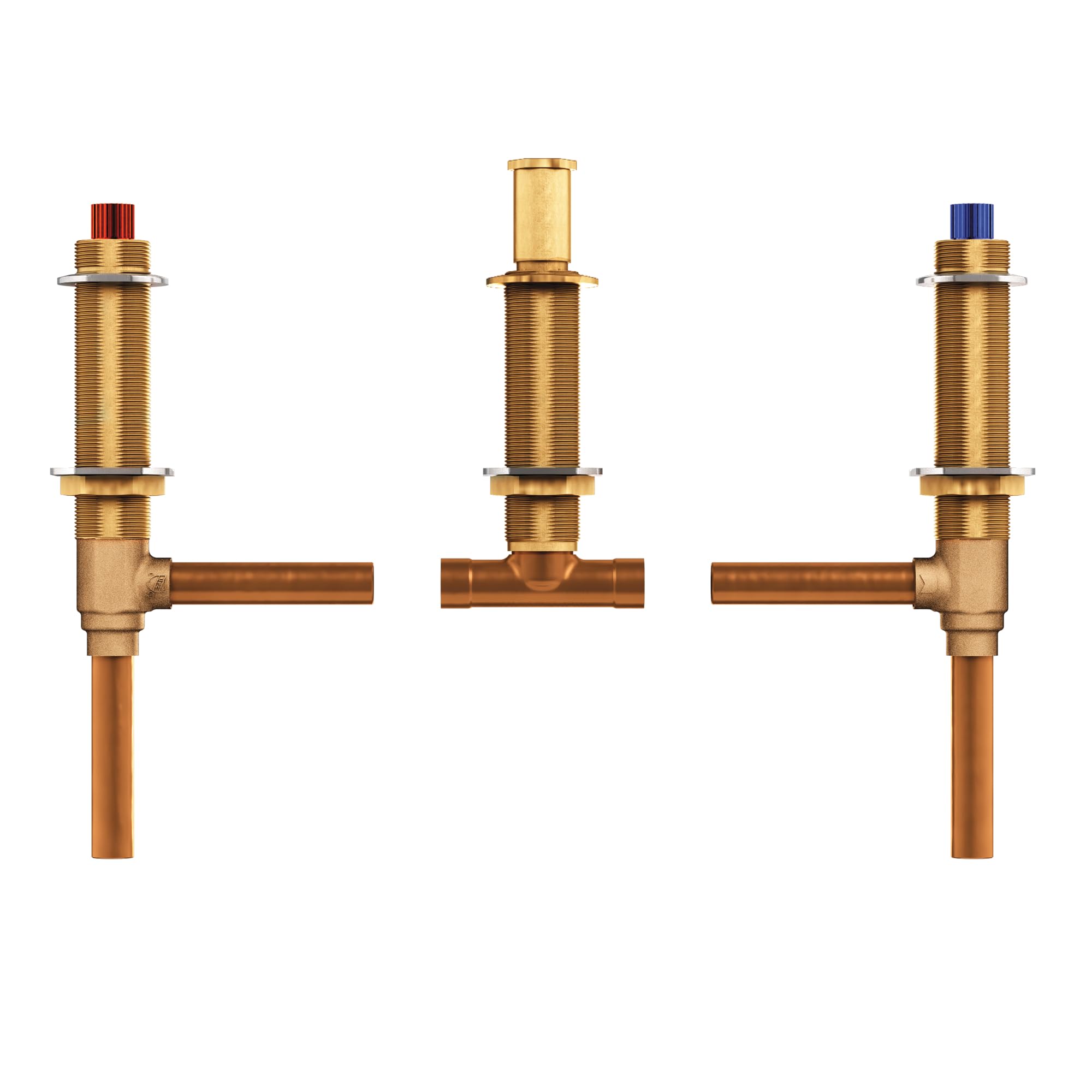 Brass and copper rough-in valve assembly with three outlets, red and blue control stems, and copper supply lines.