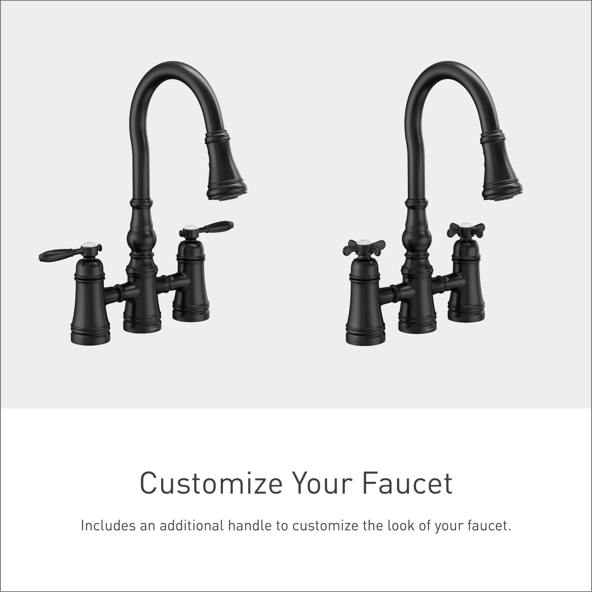 Matte black bridge kitchen faucet with two handles, pulldown spout, and alternative handle style shown on right.