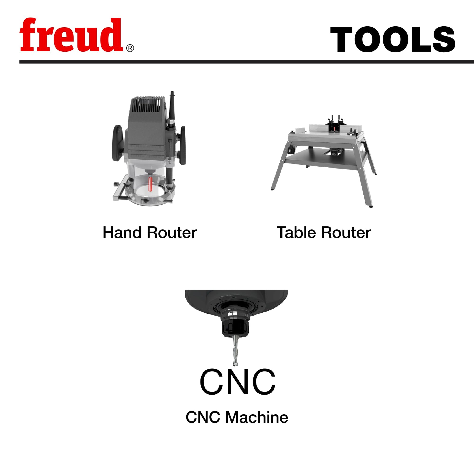 Freud 91-108 nine-piece router bit set with 1/2" shank for hand routers, table routers, and CNC machines.