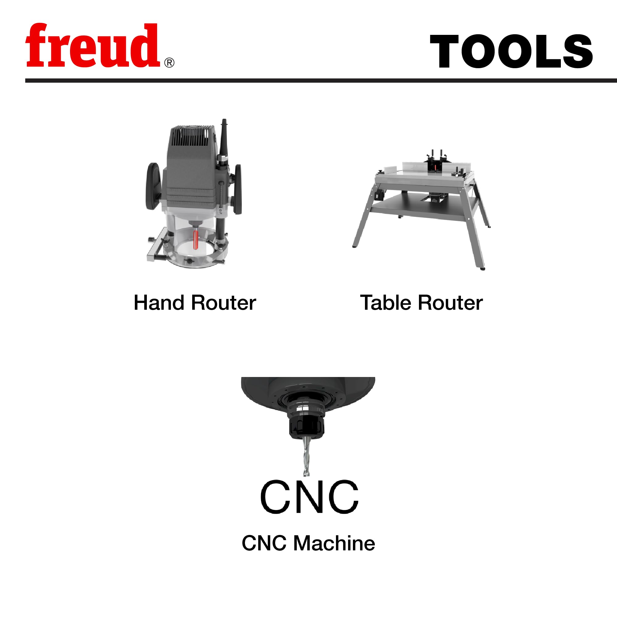 Freud 91-108 nine-piece router bit set with 1/2" shank for hand routers, table routers, and CNC machines.