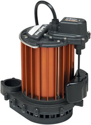Liberty Pumps 230 Series submersible sump pump with orange ribbed tank, black top housing, VMF switch, and discharge hose.
