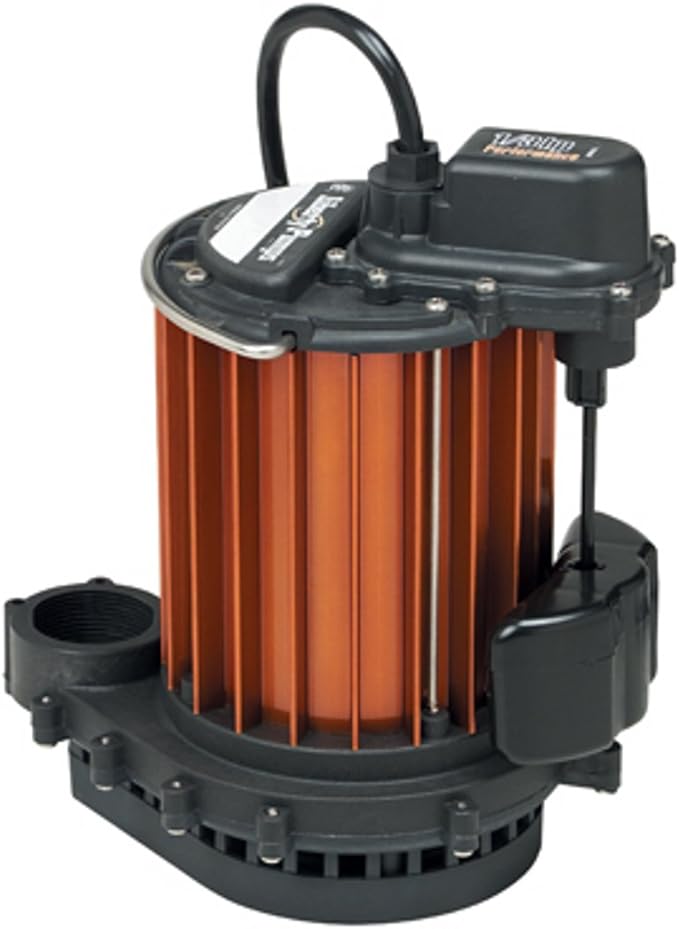 Liberty Pumps 230 Series submersible sump pump with orange ribbed tank, black top housing, VMF switch, and discharge hose.