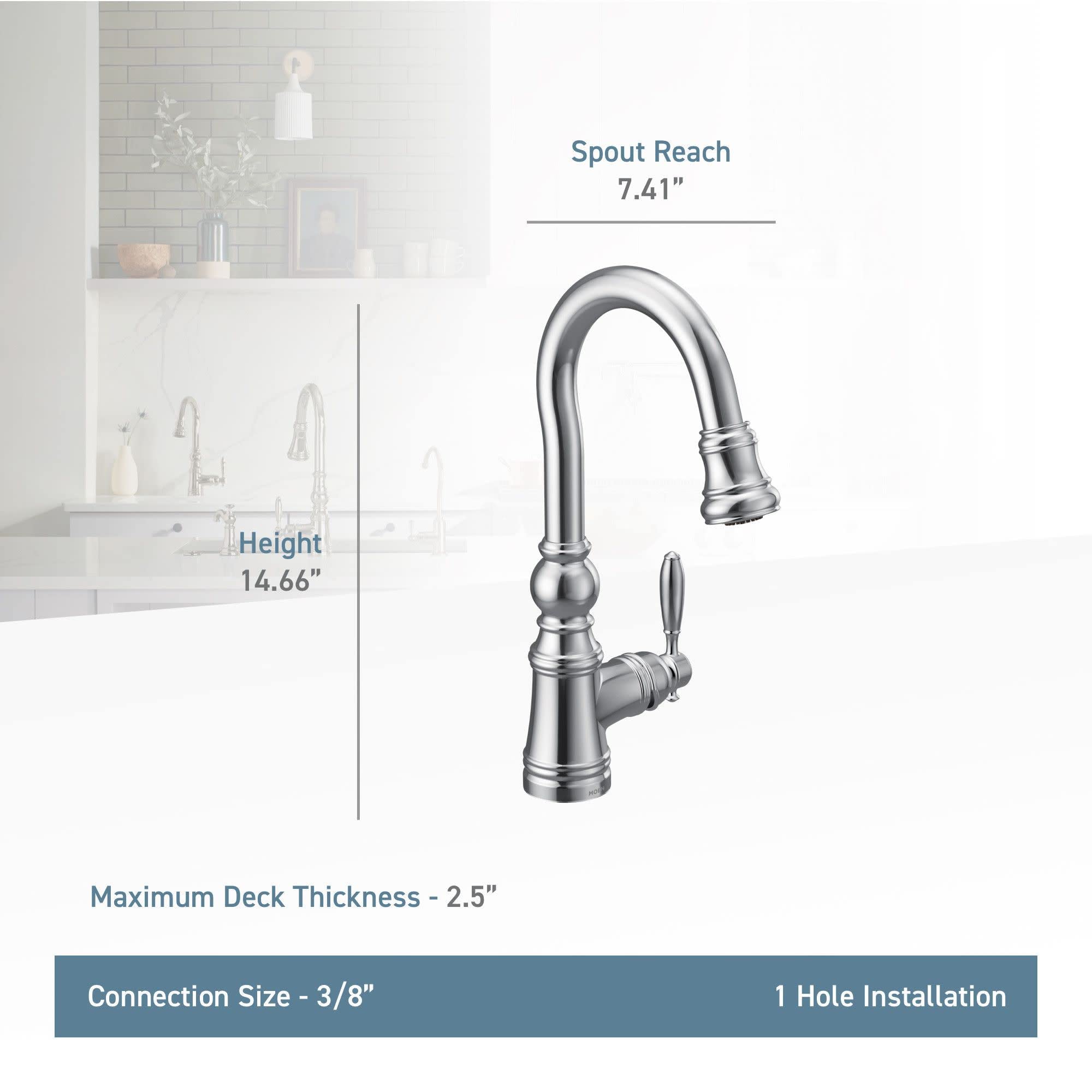 Brushed gold pulldown kitchen faucet with curved spout, single lever handle, and shepherd's hook design shown with dimension 