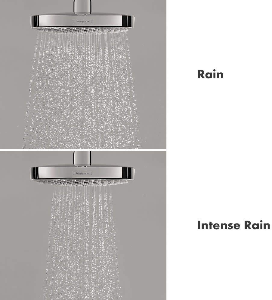 Hansgrohe Croma Select S 180 brushed nickel showerhead with rain and intense rain spray patterns.