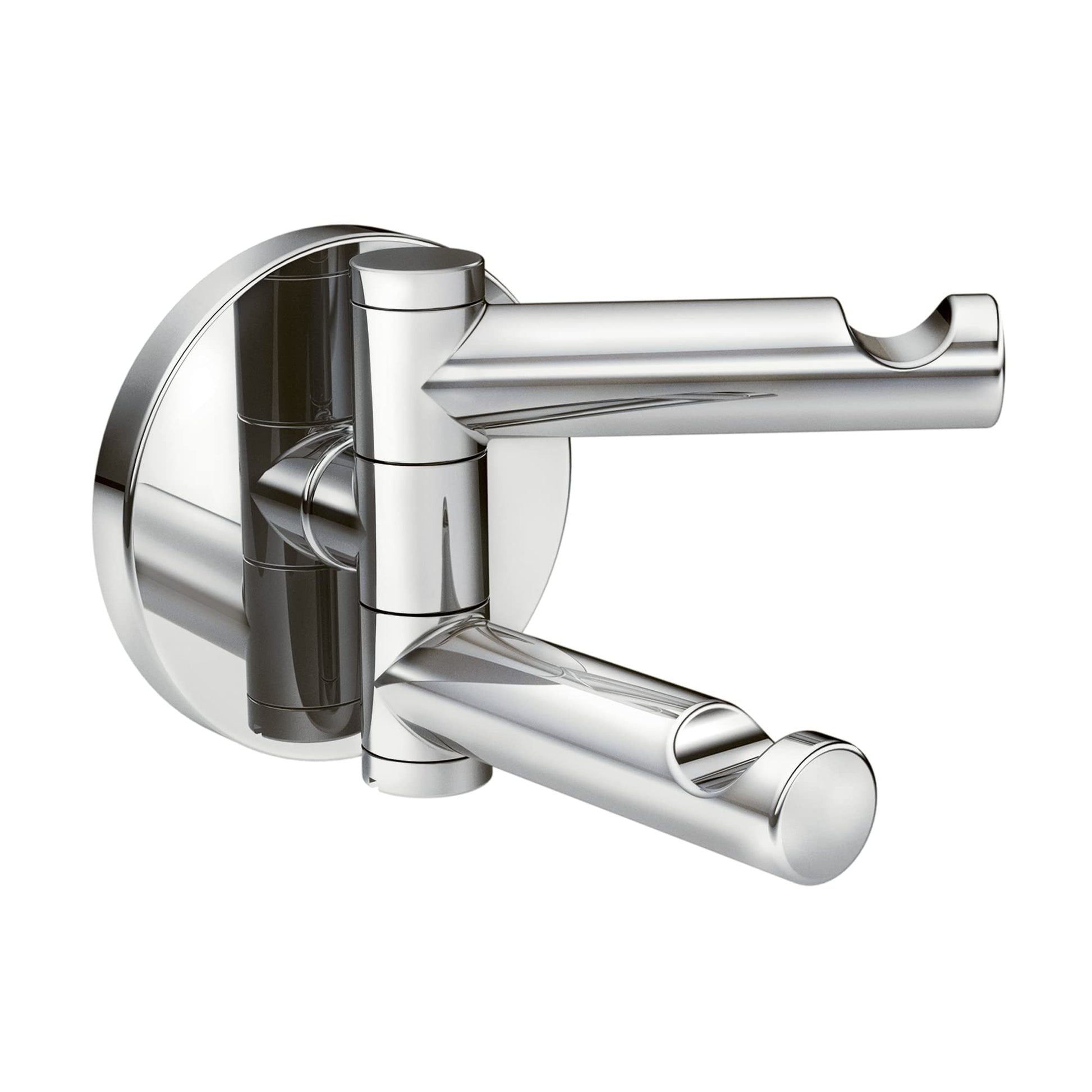 Chrome double swivel robe hook with two articulating arms mounted on circular backplate.