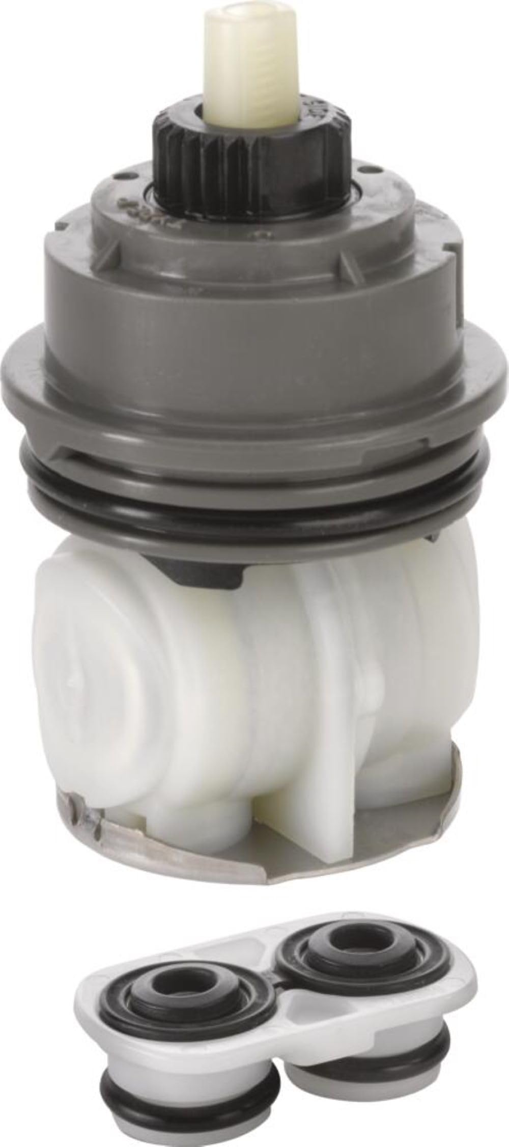 Delta RP46463 cartridge assembly with gray and black housing, cream-colored stem, black knob, and rubber seals.