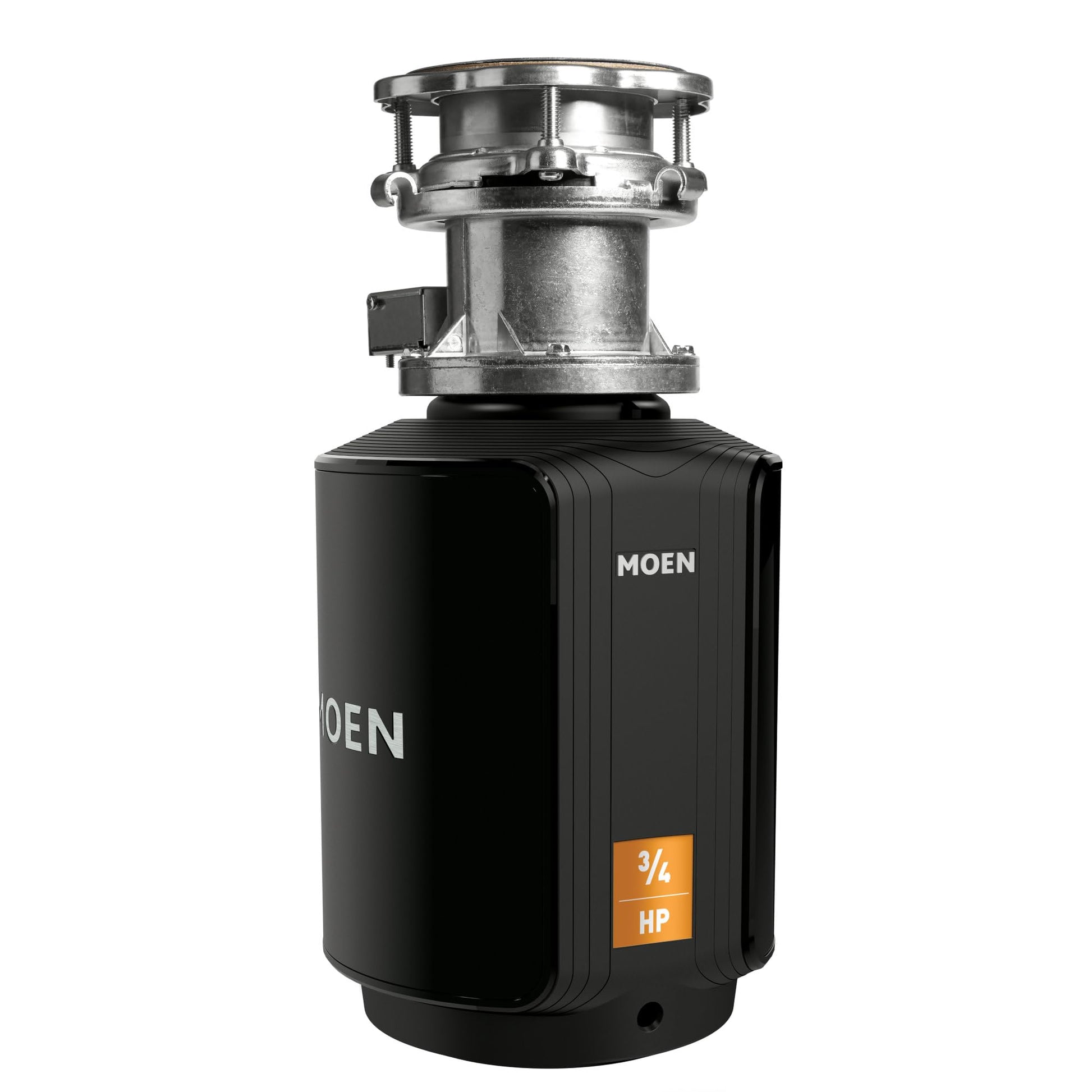 Black cylindrical garbage disposal unit with stainless steel sink flange and Moen branding, rated 3/4 horsepower.