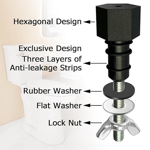Black tank to bowl bolt kit with hexagonal design, rubber washer, flat washer, and lock nut components for toilet repair.