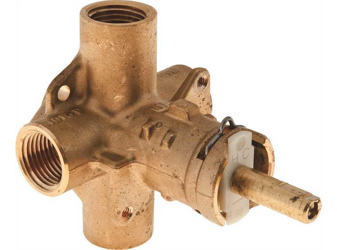 Brass tub and shower valve with sweat connections, threaded inlet, and ceramic cartridge housing.