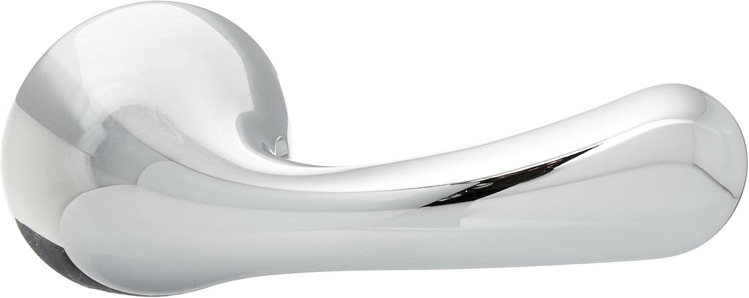 Chrome metal lever handle with curved design and round escutcheon plate.