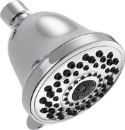 Chrome shower head with multiple spray settings and black nozzles arranged in concentric circles on a round face plate.