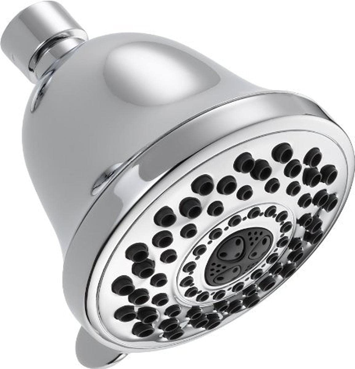 Chrome shower head with multiple spray settings and black nozzles arranged in concentric circles on a round face plate.