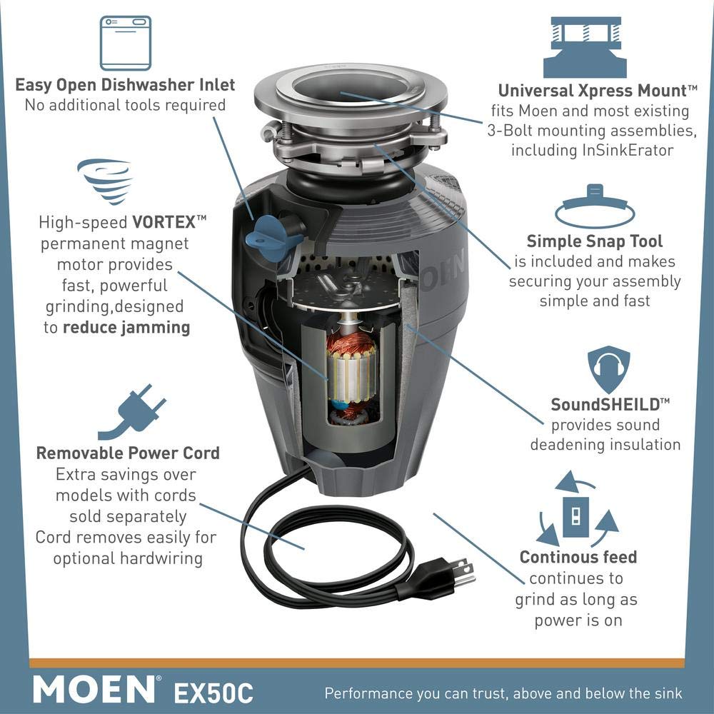Moen EX50C garbage disposal with stainless steel top, black cylindrical body, removable power cord, and labeled feature callo