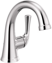 Chrome single-handle bathroom faucet with curved spout and pop-up drain assembly.