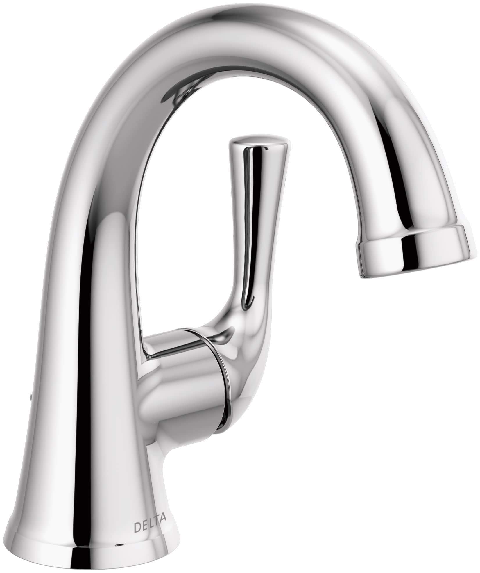 Chrome single-handle bathroom faucet with curved spout and pop-up drain assembly.