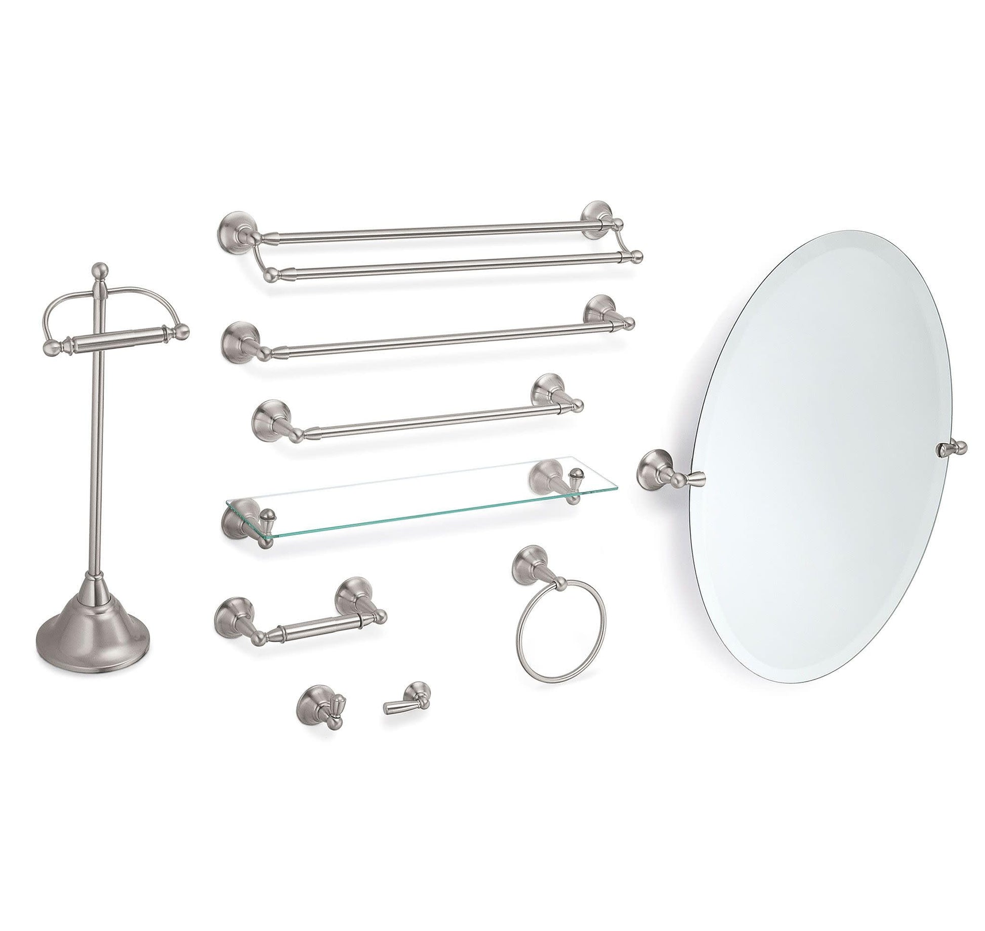 Brushed nickel bathroom hardware collection including double towel bars, mirror, ring, and accessories.