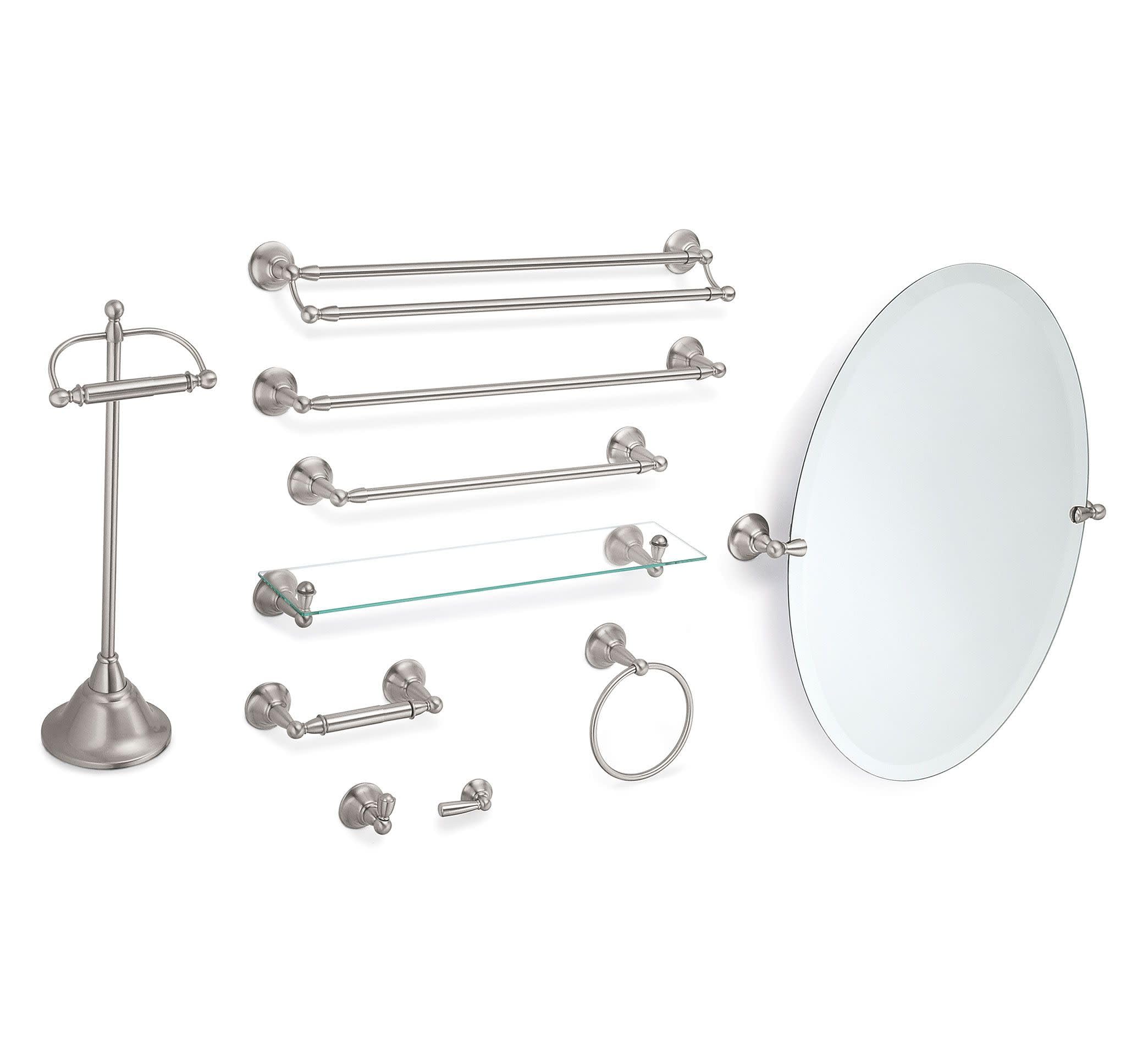 Brushed nickel bathroom hardware collection including double towel bars, mirror, ring, and accessories.