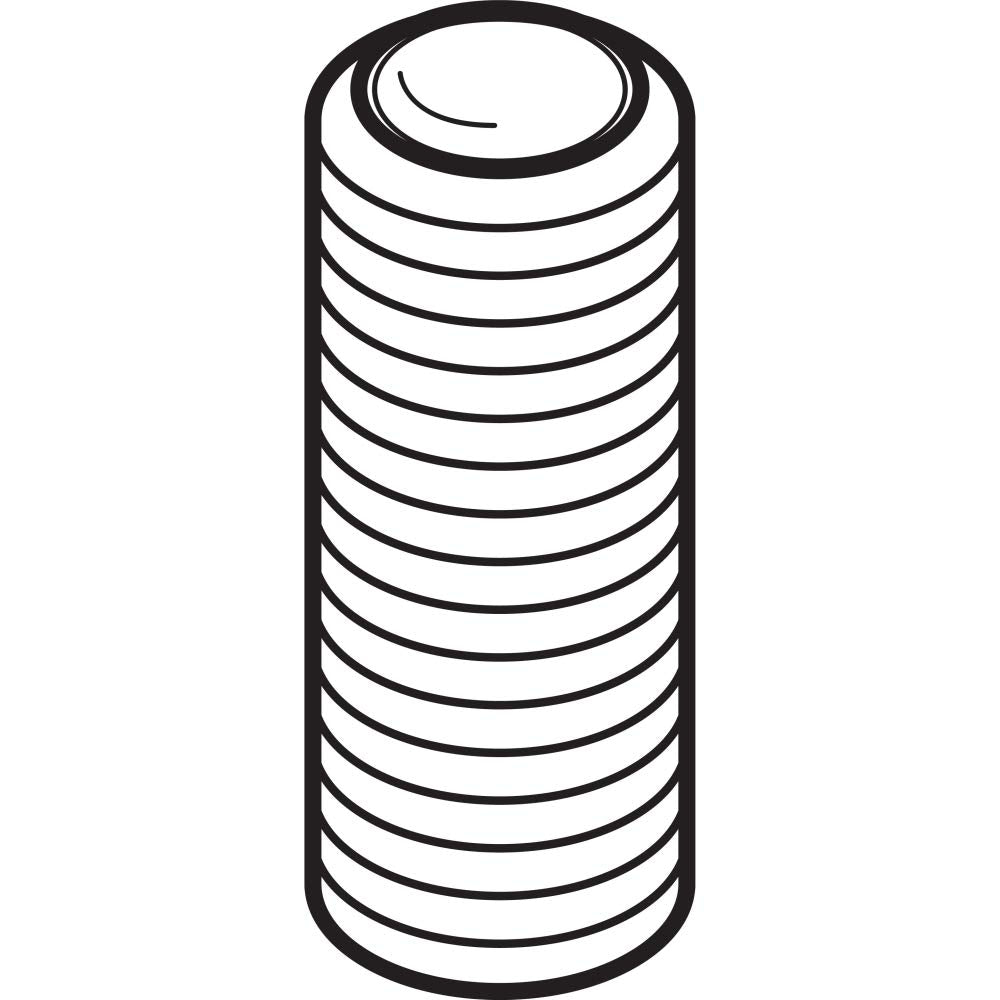 Small cylindrical metal set screw with threaded surface and rounded top.