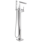 Chrome floor-mount tub filler with single handle, angled spout, handheld showerhead on hose, and vertical control panel.