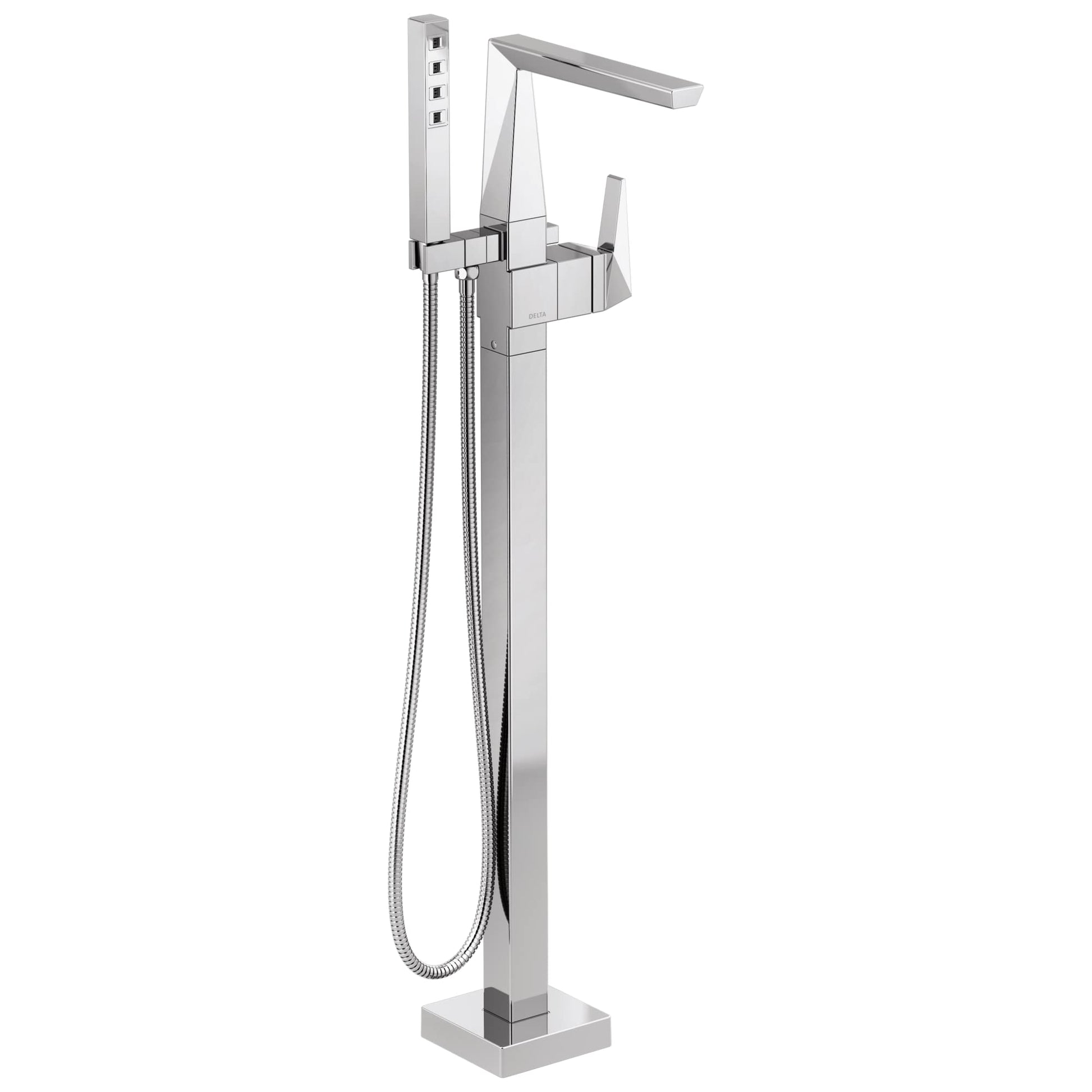 Chrome floor-mount tub filler with single handle, angled spout, handheld showerhead on hose, and vertical control panel.