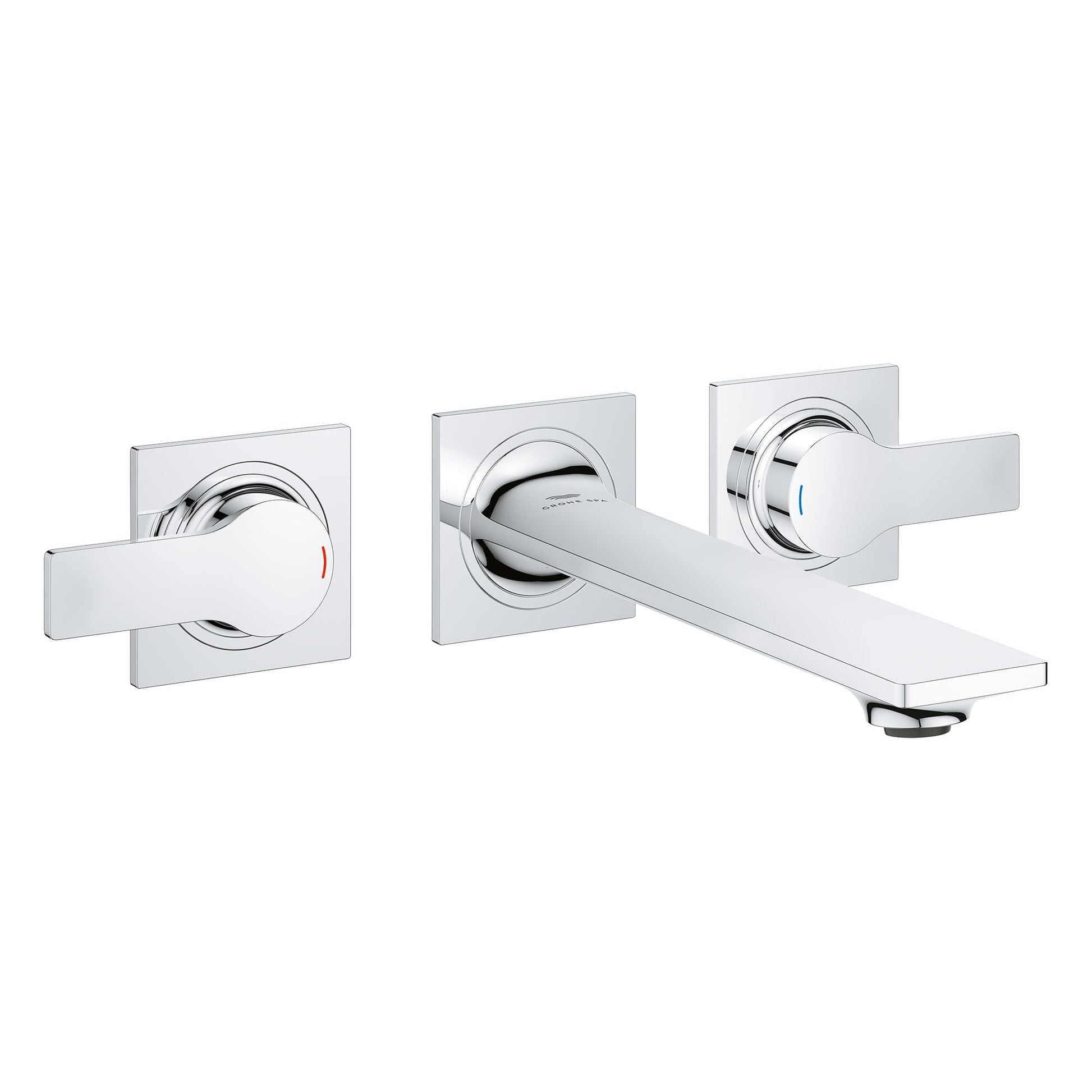 Chrome wall-mounted faucet with two lever handles and spout with square escutcheons.