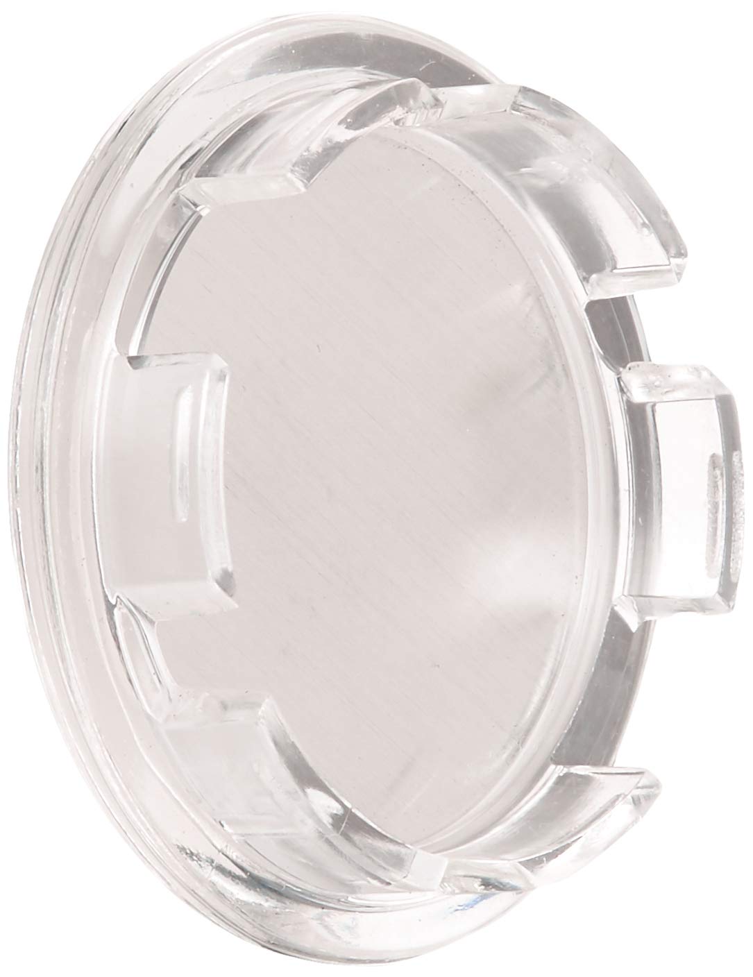 Clear plastic circular button cover with mounting tabs around the perimeter.